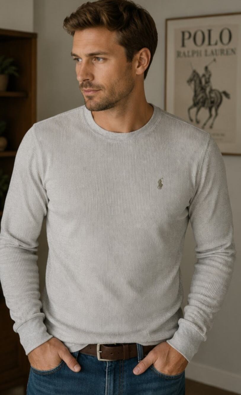 Polo Ralph Lauren Gray Waffle Thermal Shirt Men's Large 100% Cotton Pony Logo
